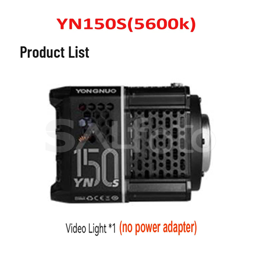 Black YN150S 5600K LED video light with a vented, rectangular metal housing for studio photography and filmmaking.