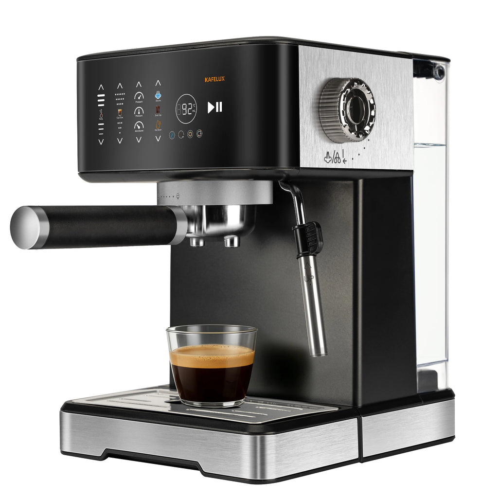 Kafelux stainless steel and black espresso machine with digital touch display, steam wand, and glass coffee cup.