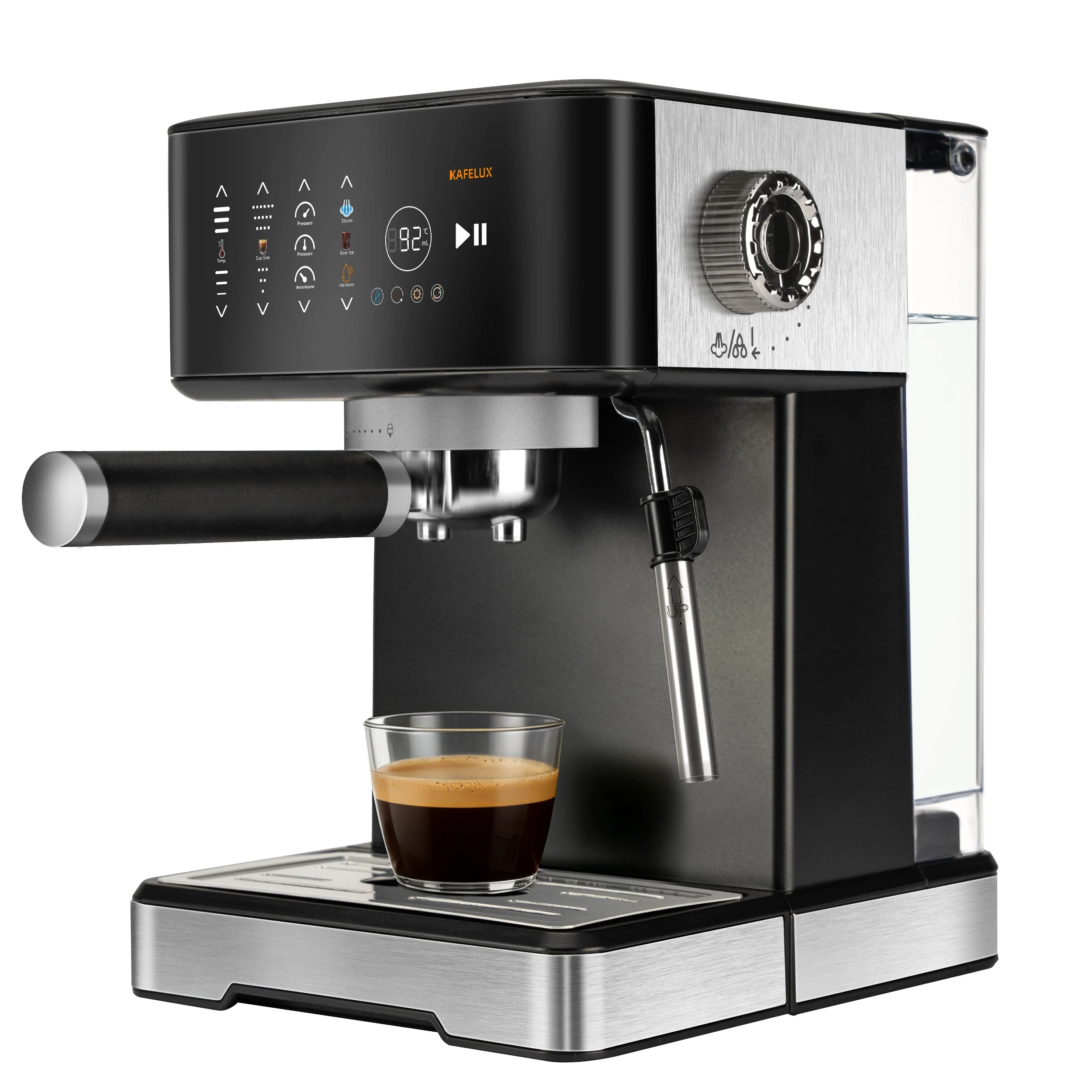 Kafelux stainless steel and black espresso machine with digital touch display, steam wand, and glass coffee cup.