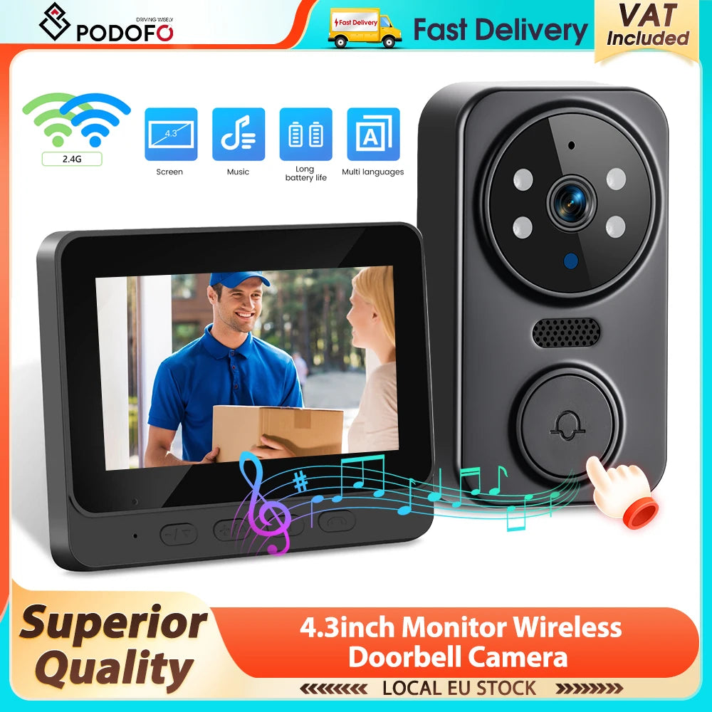 Podofo Smart Wireless Video Doorbell With Screen 4.3'' IPS HD Smart Intercom 2.4G Visible Doorbell Two-Way Talk Night Vision Home Use Security Camera