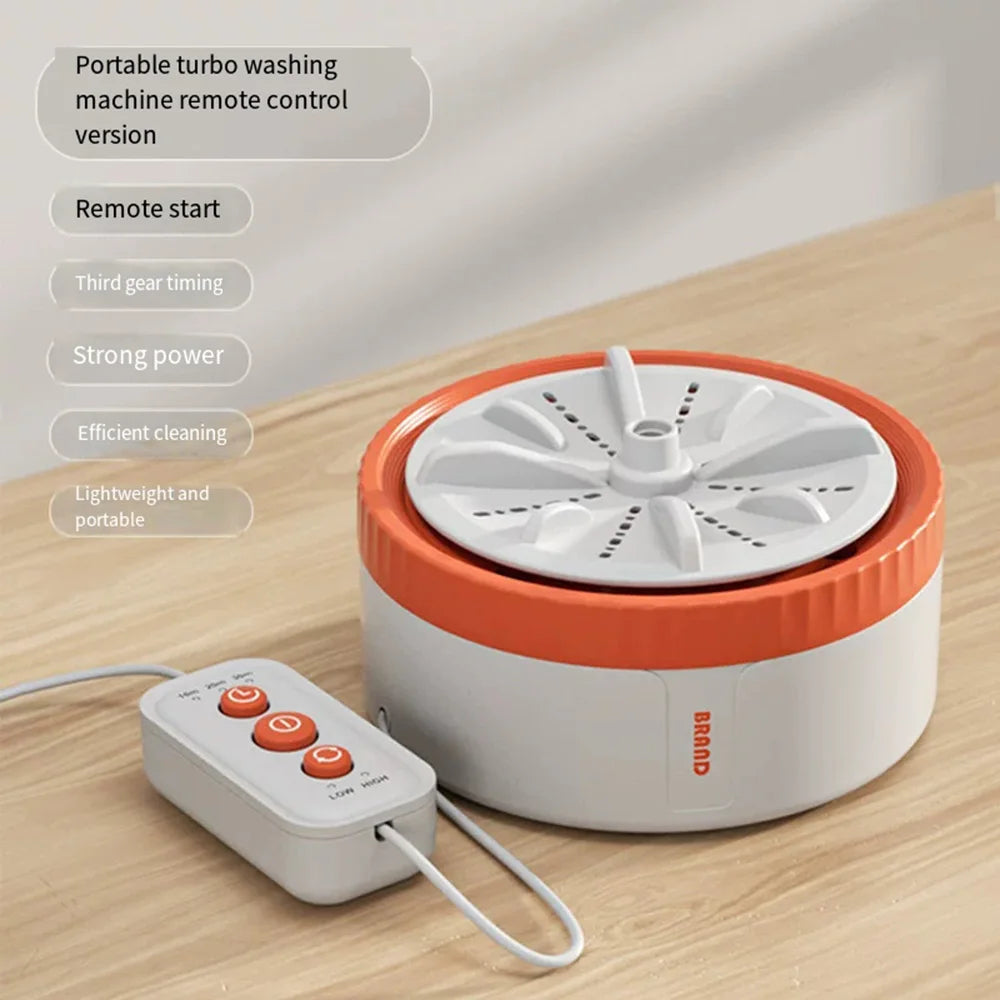 Tidesmit portable mini USB ultrasonic washing machine showing turbo rotating mechanism and remote control features