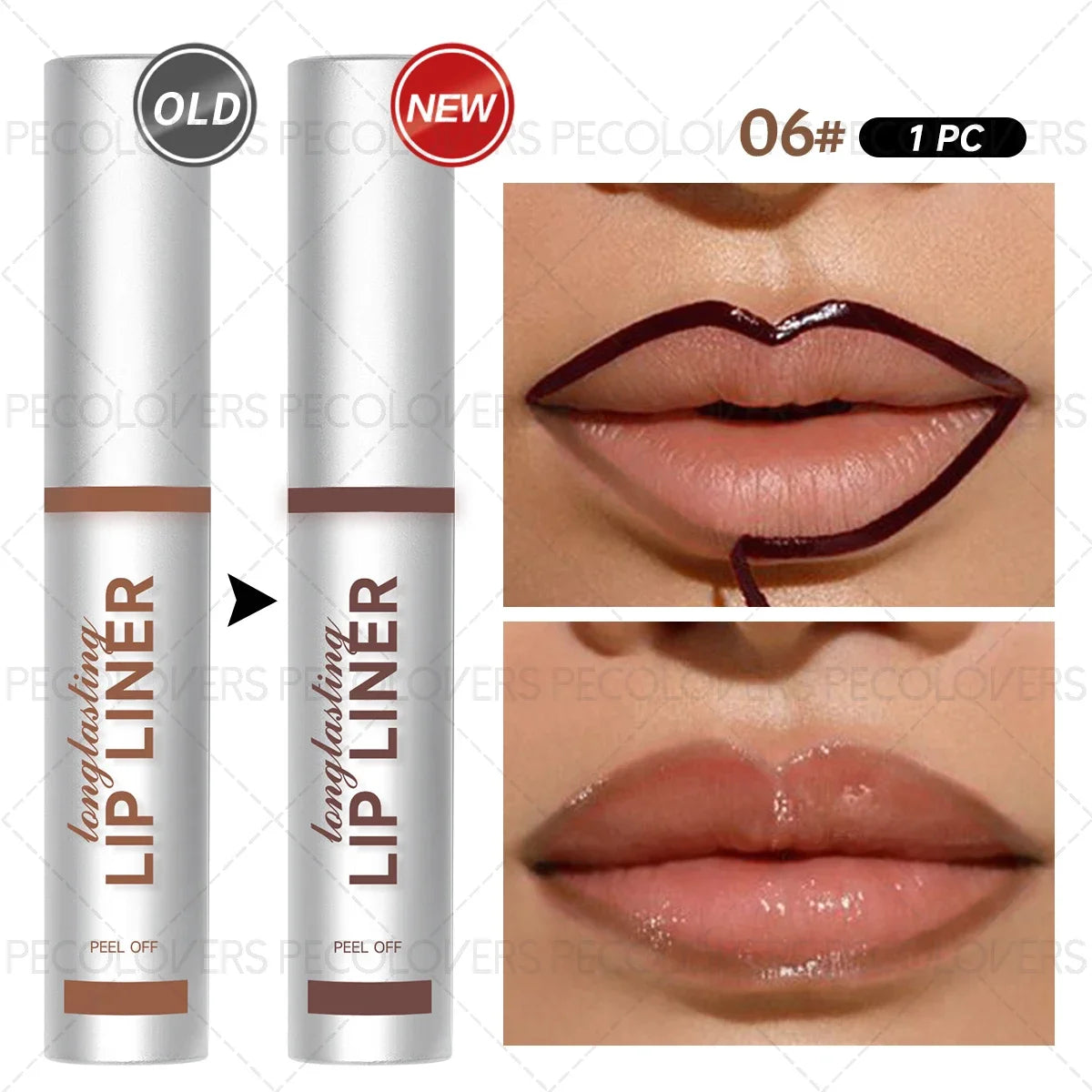 Waterproof, long-wearing peel-off matte lip liner in dark brown, creating a precise, hydrated, natural-looking lip look.