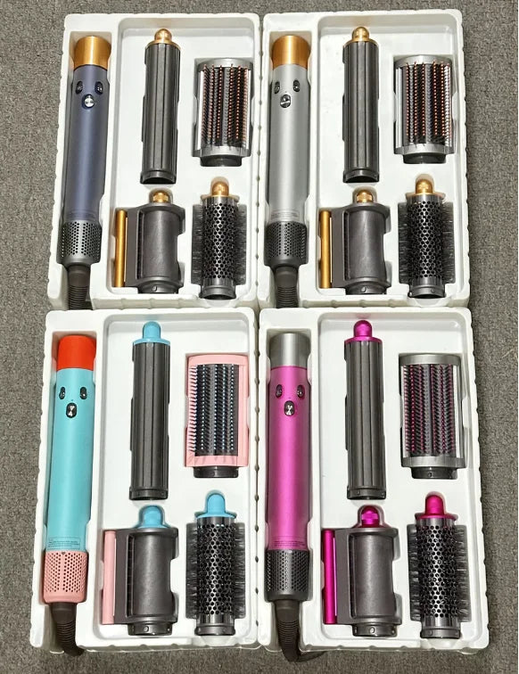 6-in-1 high-speed ionic hair styler and dryer kits in blue, pink, silver, and grey with multiple styling attachments.