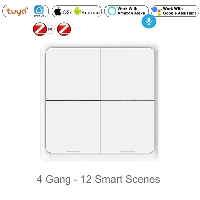 ZigBee Wireless 4 Gang 12 Scene Tuya Switch Push Button Controller Battery Powered Automation Scenario Work Alexa Google Home