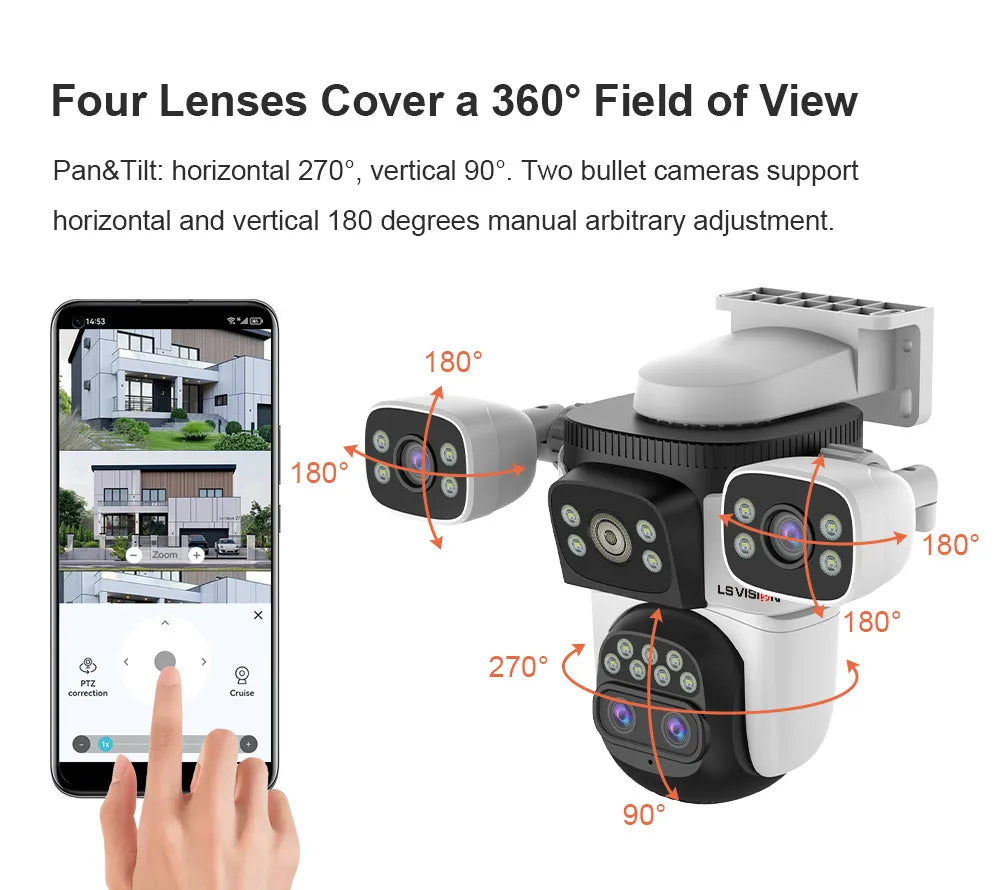 LS VISION Wireless WiFi Camera, 10K, 20MP, Outdoor, 10X Zoom, Four Lens, 720 ° PTZ, Automatic Tracking, Waterproof CCTV Cam