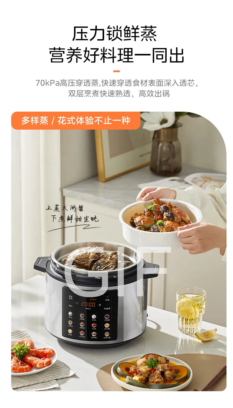 Stainless steel electric pressure cooker on counter with food steaming inside pot.