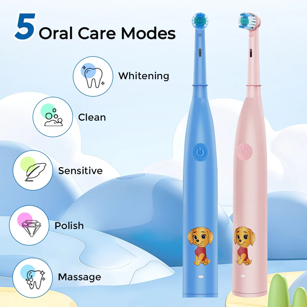 Children's Electric Toothbrush with 4 Replacement Heads Cartoon Kids Electric Toothbrush 5 Cleaning Modes Round Head Rotating