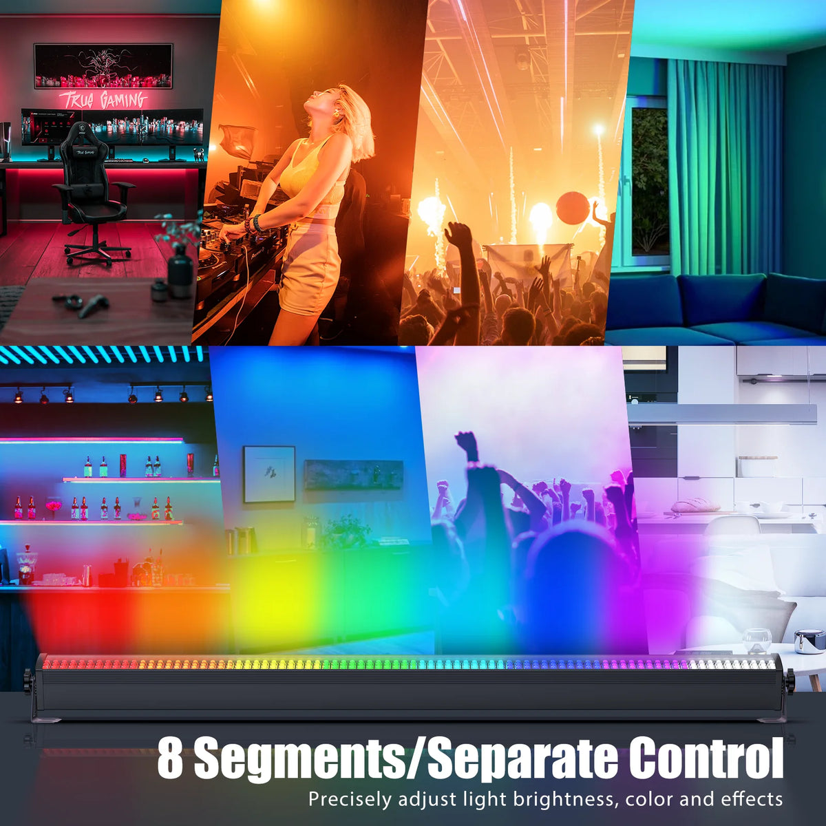 RGB LED wall washer bar with segmented LED control for adjustable color brightness