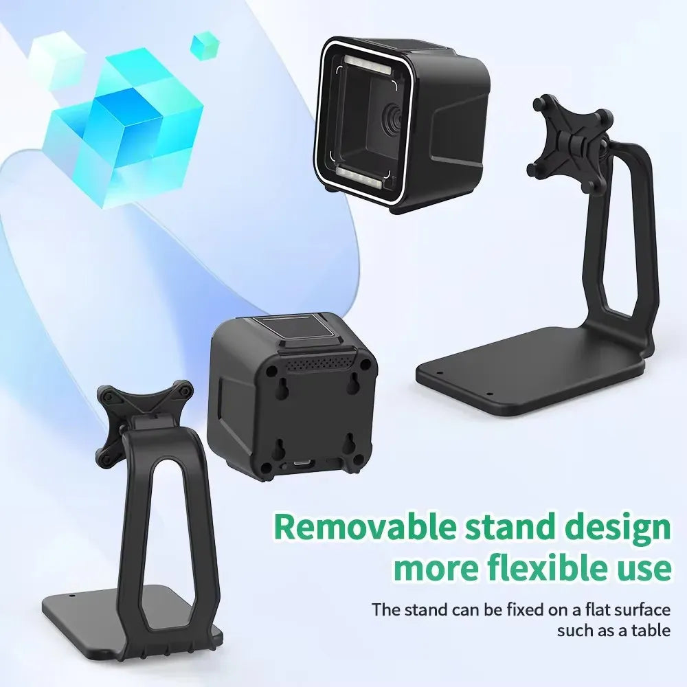 Black omnidirectional barcode scanner with detachable stand pieces and base