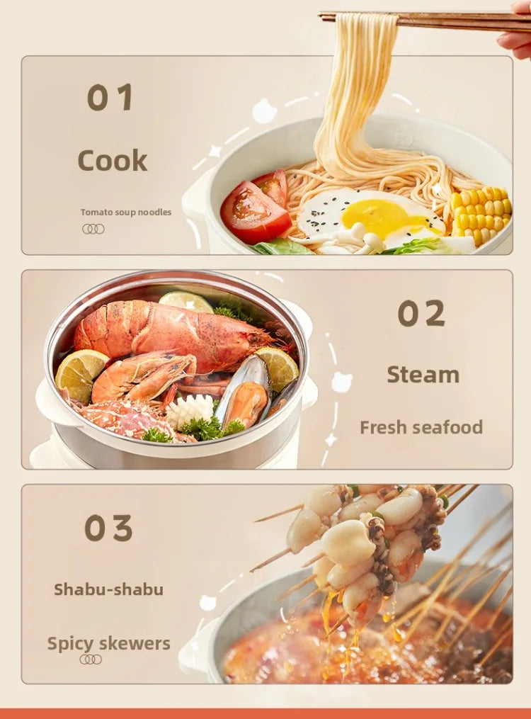 Electric multi cooker with lid and knob, cooking and steaming mode illustrations