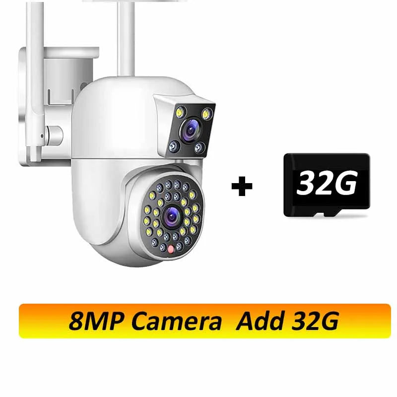 White 3-lens PTZ outdoor WiFi security camera, angled view with 32GB microSD icon