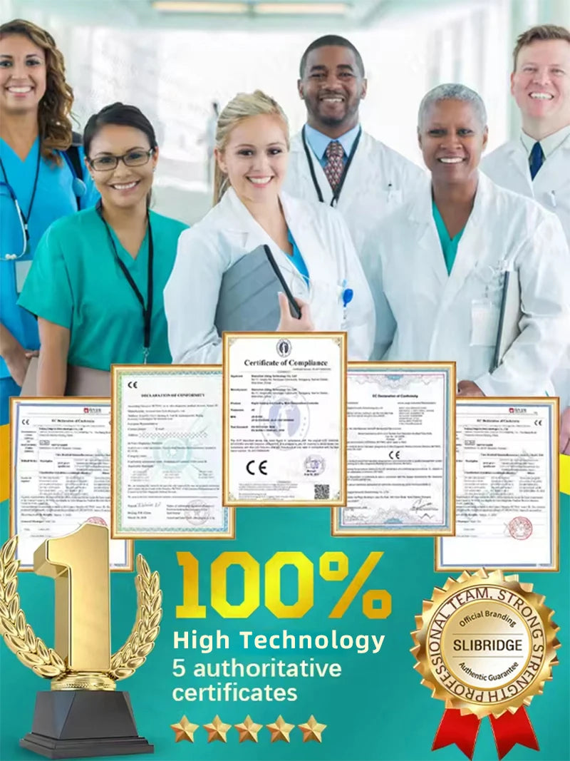 Group of diverse medical professionals smiling behind five displayed certificates of compliance and quality awards.