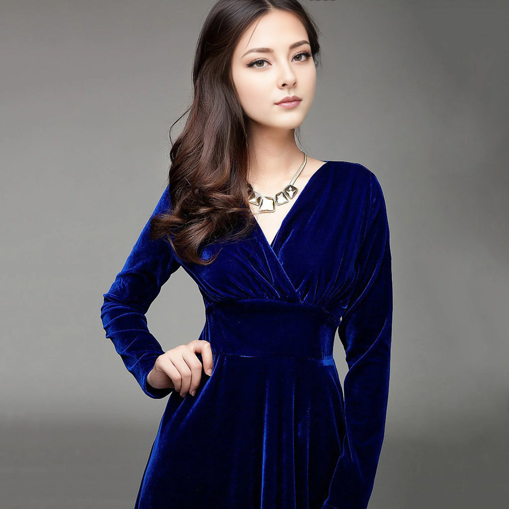 Vintage Women Autumn Long Sleeve V Neck Pleated Velvet Banquet Party Maxi Dress Party Wedding Elegant Evening dress 