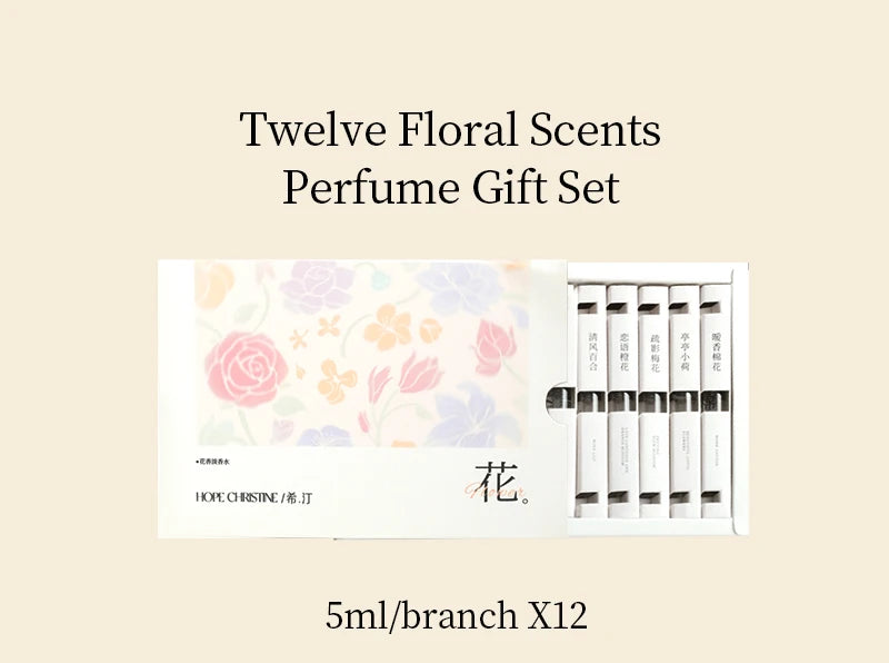 HOPE CHRISTINE 12-piece floral perfume gift set with mini 5ml spray bottles in a white box with pastel floral design.