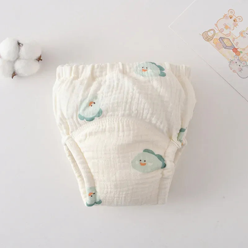 Soft muslin baby training diaper with cute cartoon fish print, perfect for gentle baby care and potty training.