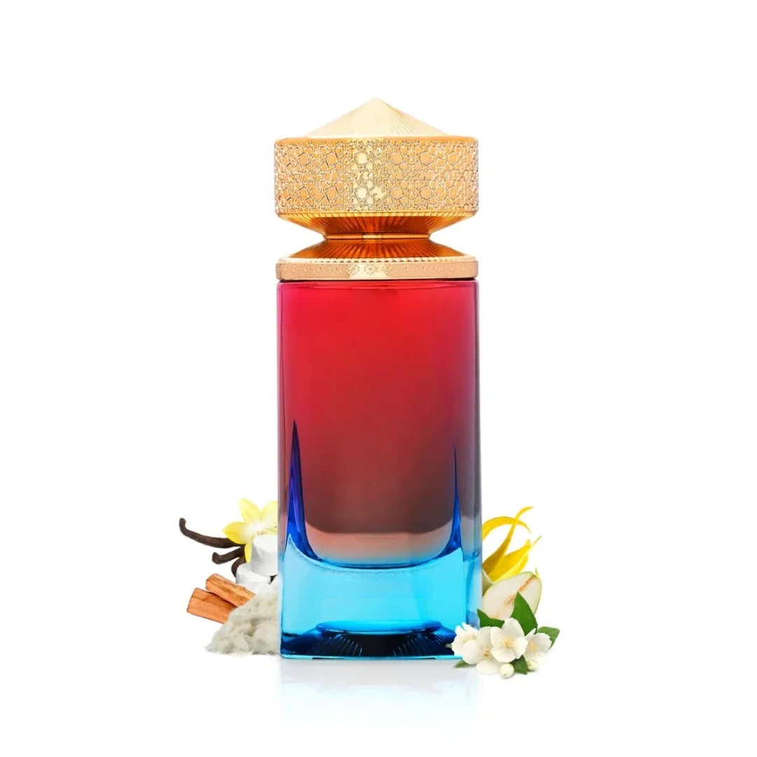 Paris Corner Eshal Vanilla EDP for women: 3.4oz red-to-blue bottle with gold cap, notes of vanilla, jasmine, and pear.