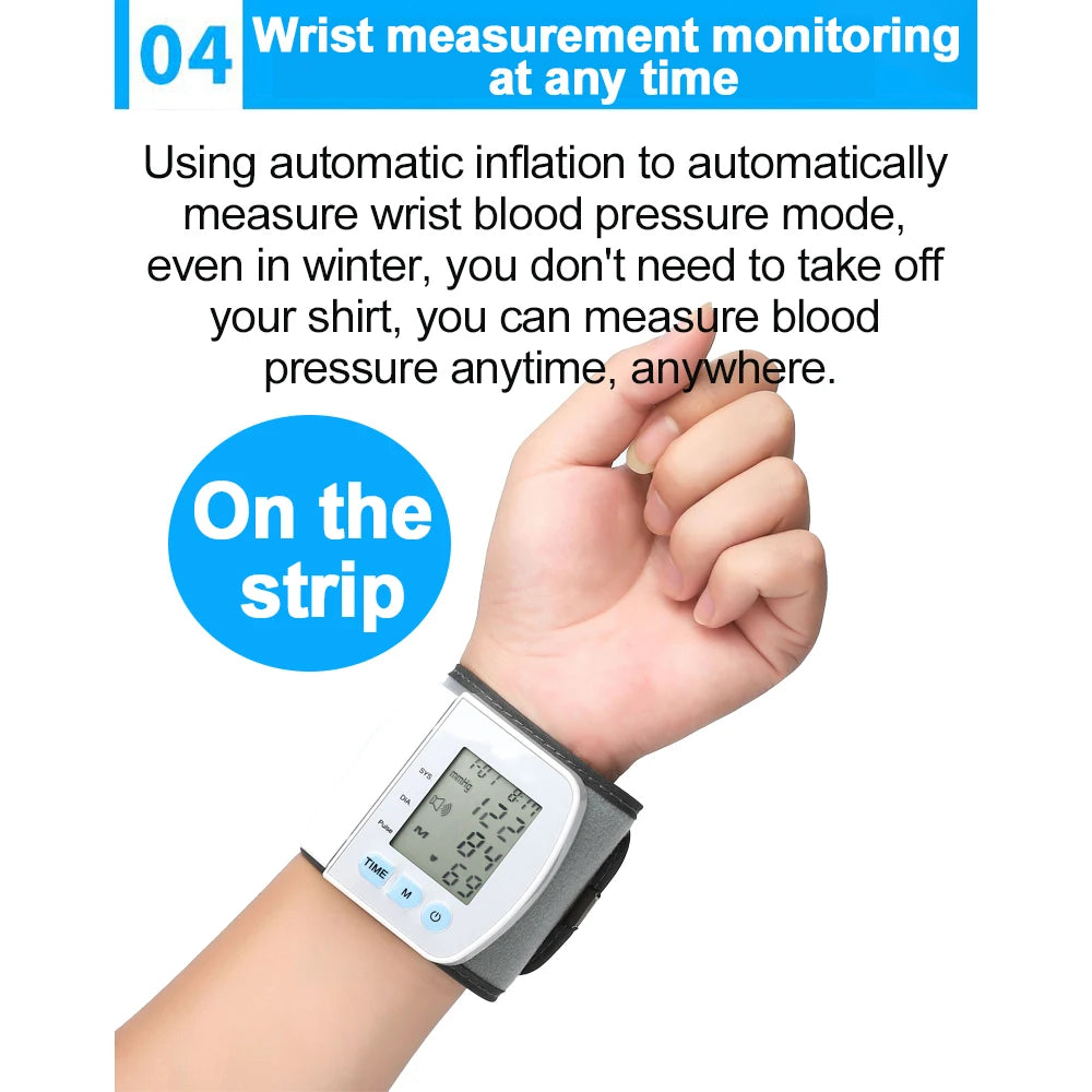 Smart LCD Screen English Voice Broadcast Wrist Blood Pressure Monitor Digital Automatic BP Tonometer Heart Rate Sphygmomanometer