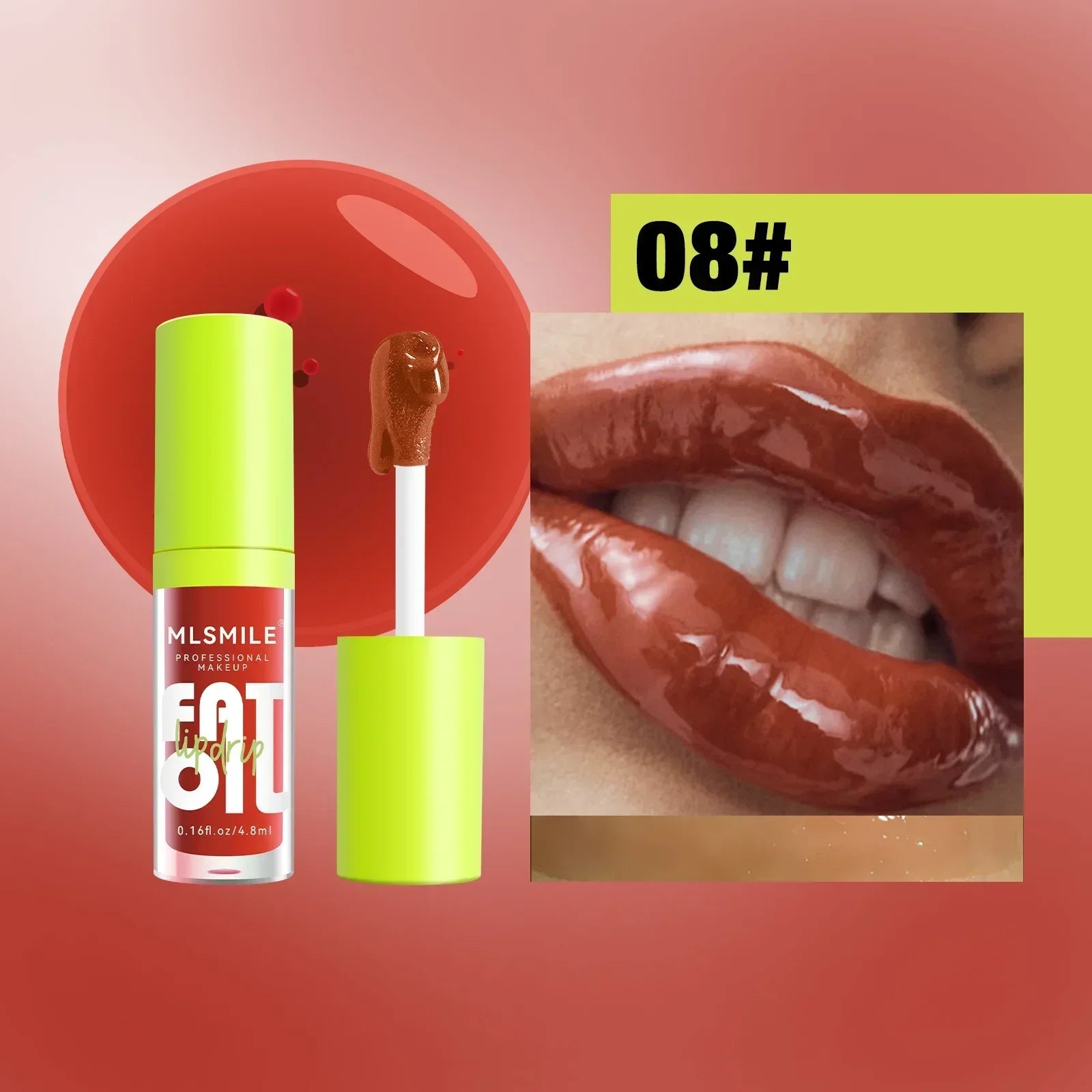 MLSMILE moisturizing lip plumper gloss in shade 08, a glossy brown liquid lipstick with a nourishing, hydrating finish.