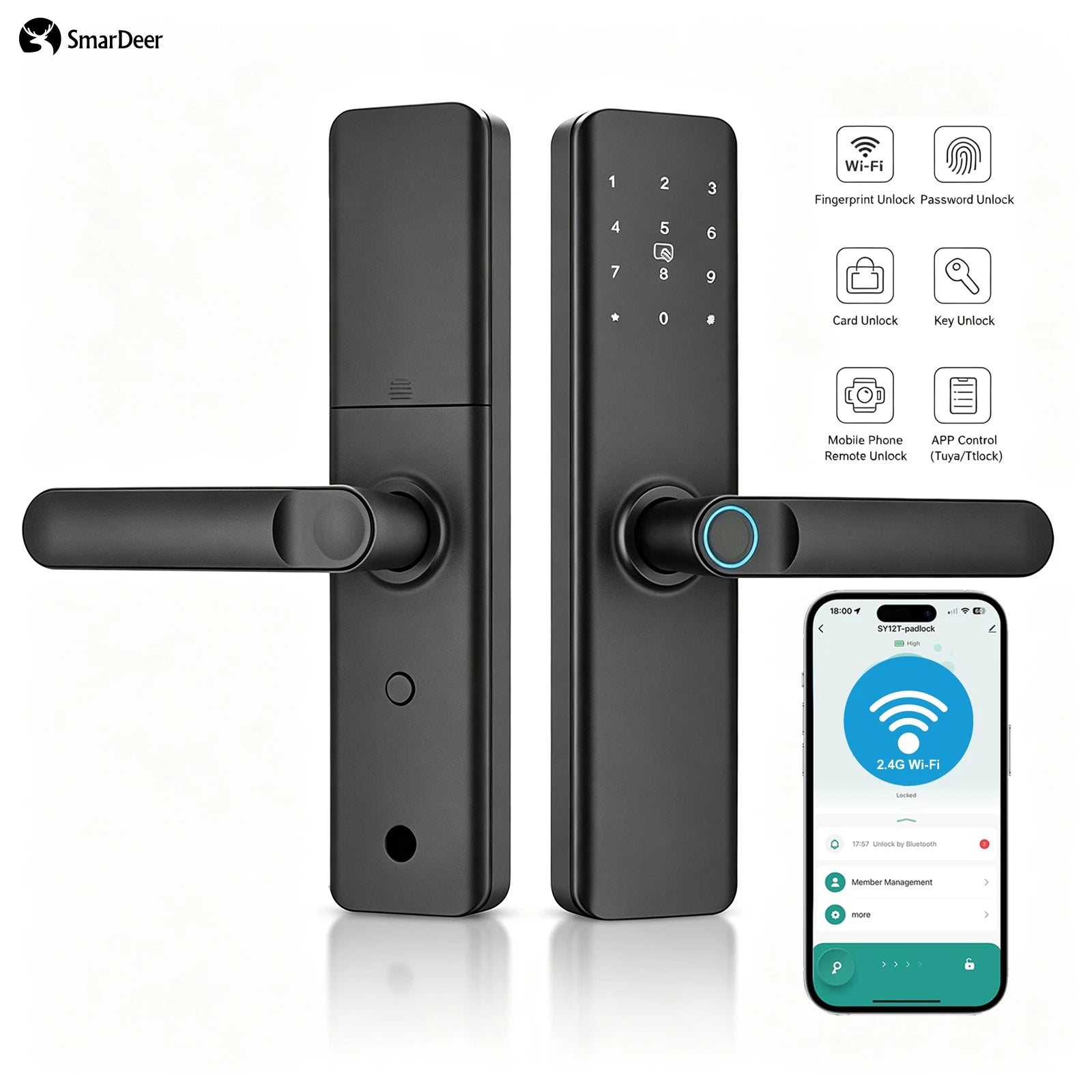 SmarDeer Indoor 5-in-1 Intelligent Door Lock,Tuya WIFI Fingerprint Lock，Keyless Entry Smart Electronic Door Lock for Home