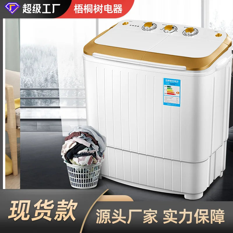 Tidesmit 5kg semi automatic twin tub washing machine showing the control panel and dual tubs from a side angle