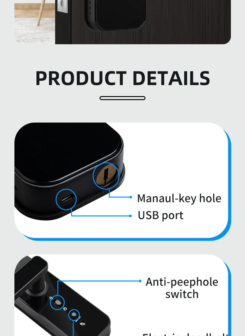 New Biometric Digital Electronic Smart Door Lock With Camera Fingerprint Tuya Wifi Smart Card Password Key Unlock