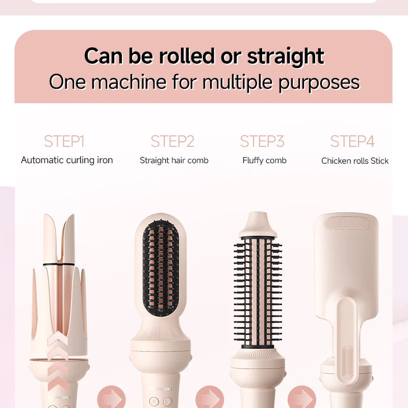 Blush pink automatic curling iron and hair styling tool set with 4 interchangeable styling heads for curls and straight.
