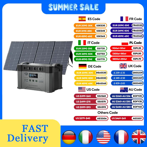 ALLPOWERS S2000 Pro portable power station with solar panels and multiple country-specific discount codes for sale.
