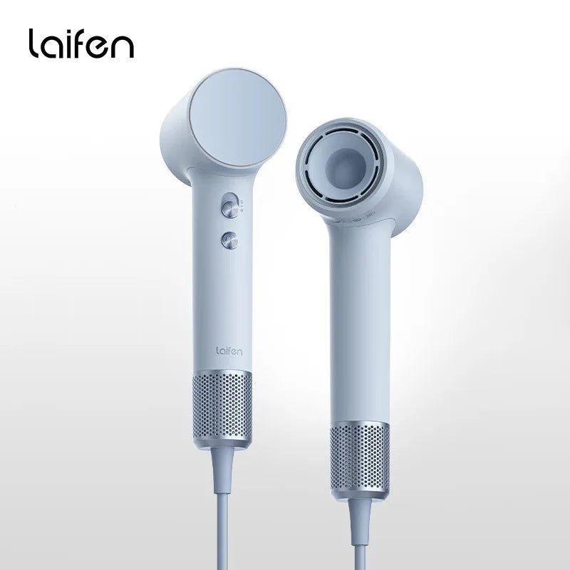 Light blue Laifen Mini high-speed hair dryer with 299g portable design, metallic buttons, and mesh air intake filter.