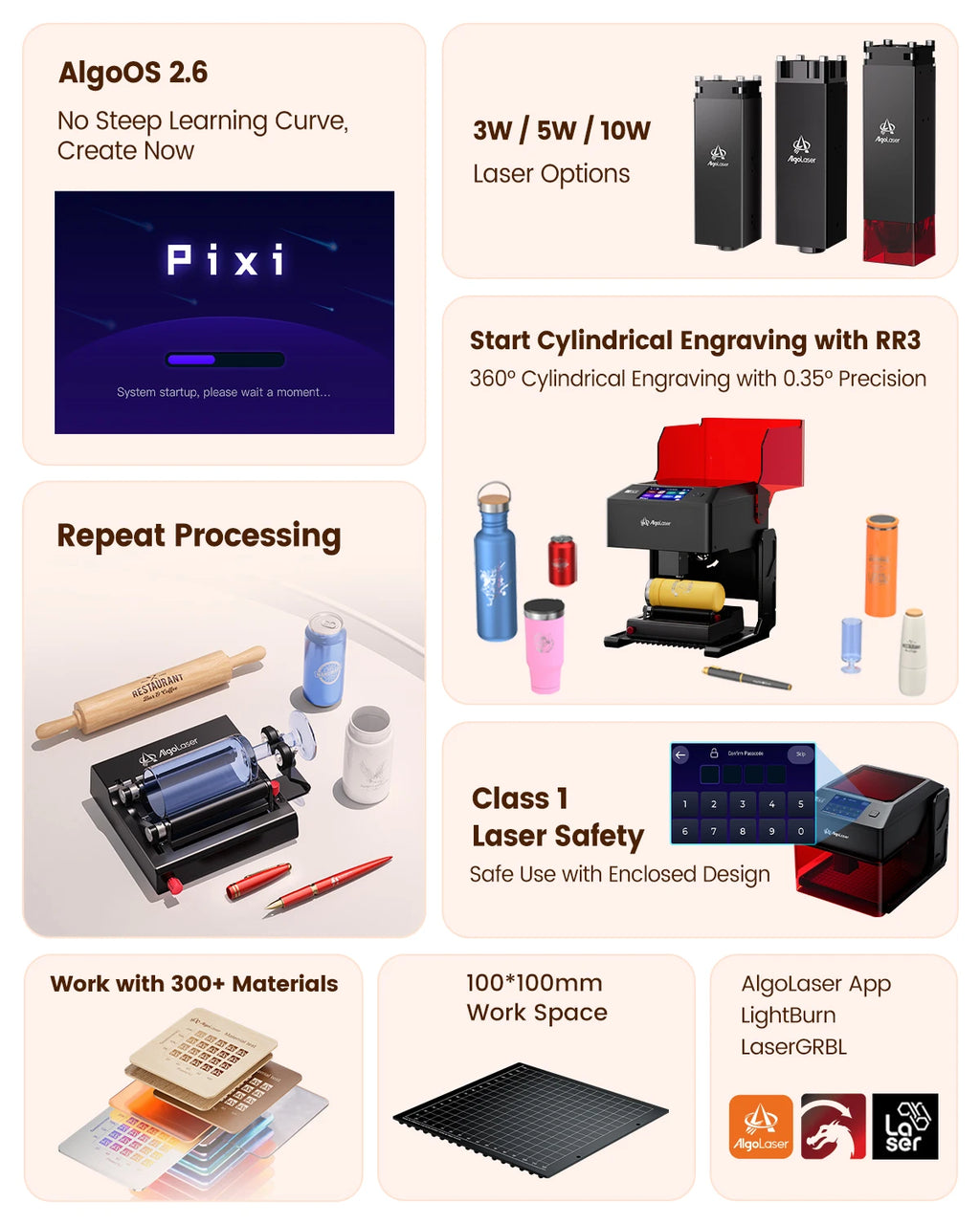 AlgoLaser 3W 5W 10W Portable Desktop DIY Woodworking Tools Laser Engraver Cutter Machine 3.5"Touchscreen Handwriting/Draw Portable For DIY Gift Making 100x100mm Work Area Plug & Play Design