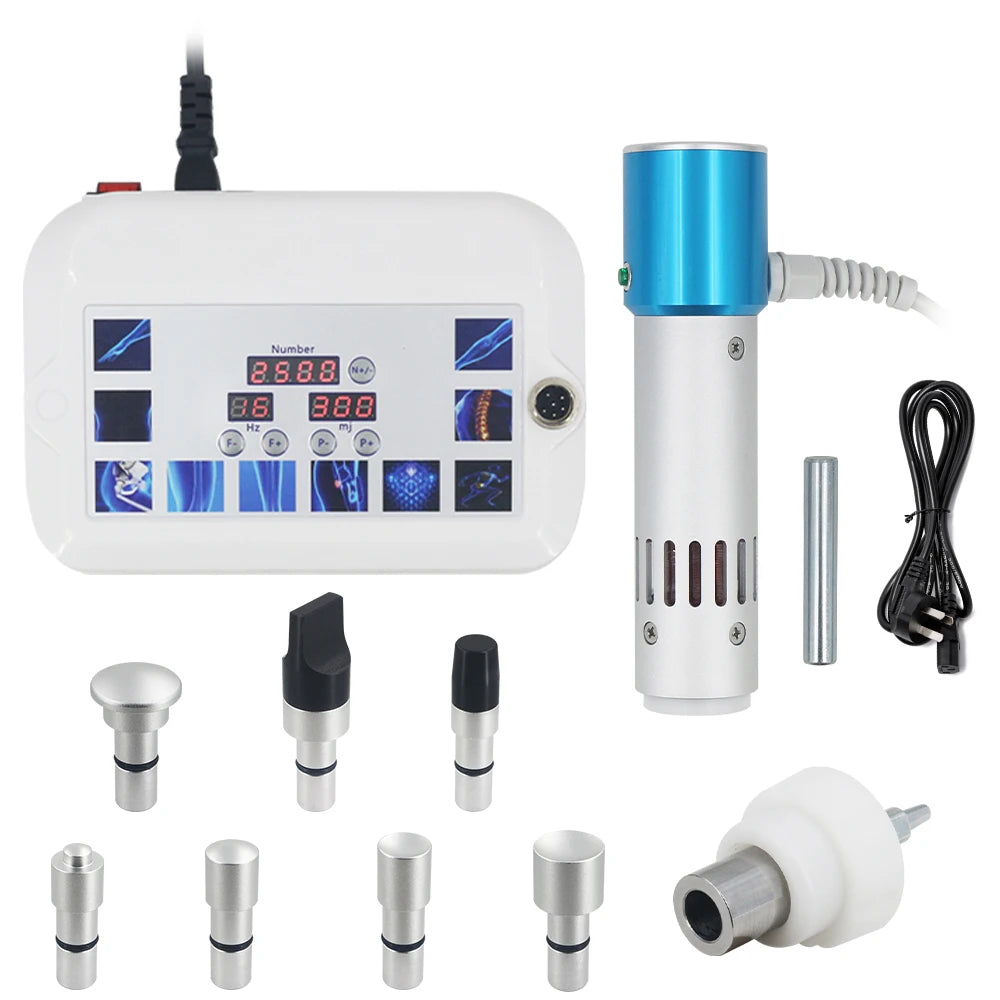 Shockwave therapy machine with digital control unit, blue vibrator handle, and multiple massage heads for pain relief.