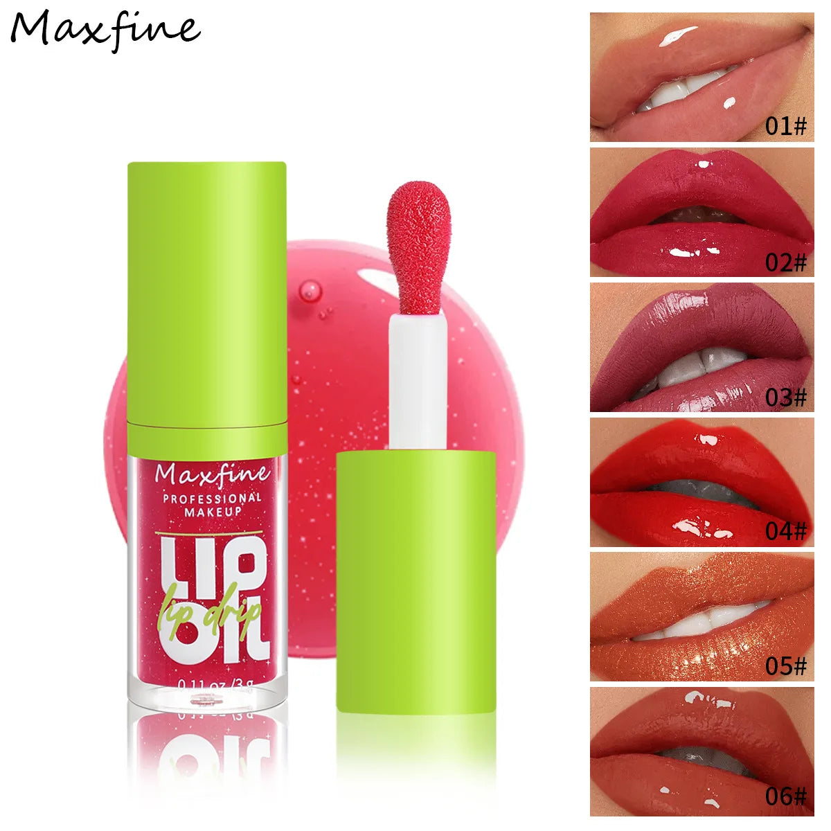 Maxfine waterproof, hydrating lip gloss with high-shine finish and doe-foot applicator in six vibrant, smudge-proof shades.