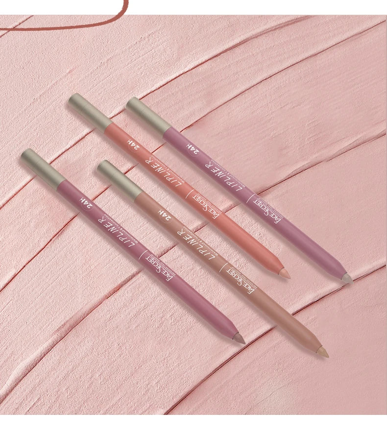 Face Secret 24H waterproof velvet matte lip liner pencils in assorted nude and pink shades on a pink wooden background.