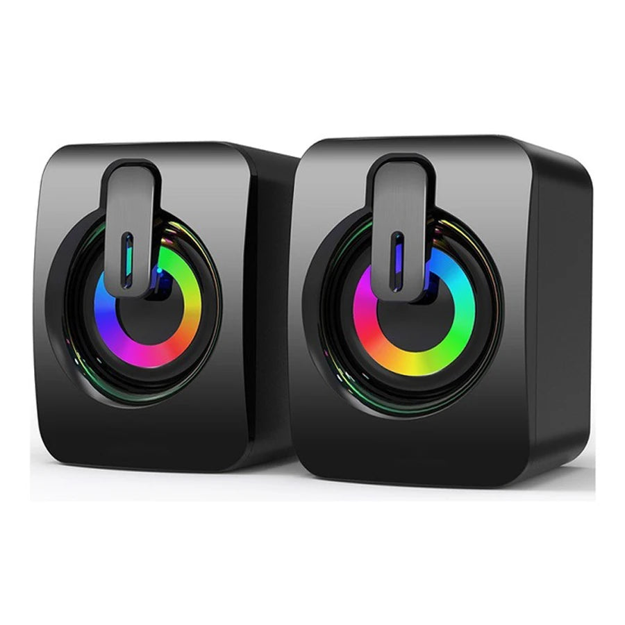 Black mini desktop speaker pair with multicolor RGB ring lighting around drivers