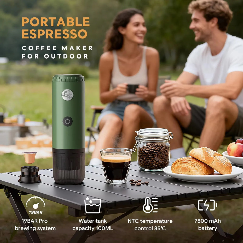 Green portable espresso maker with 100ml water tank, 19 bar pressure, and battery for outdoor coffee brewing.