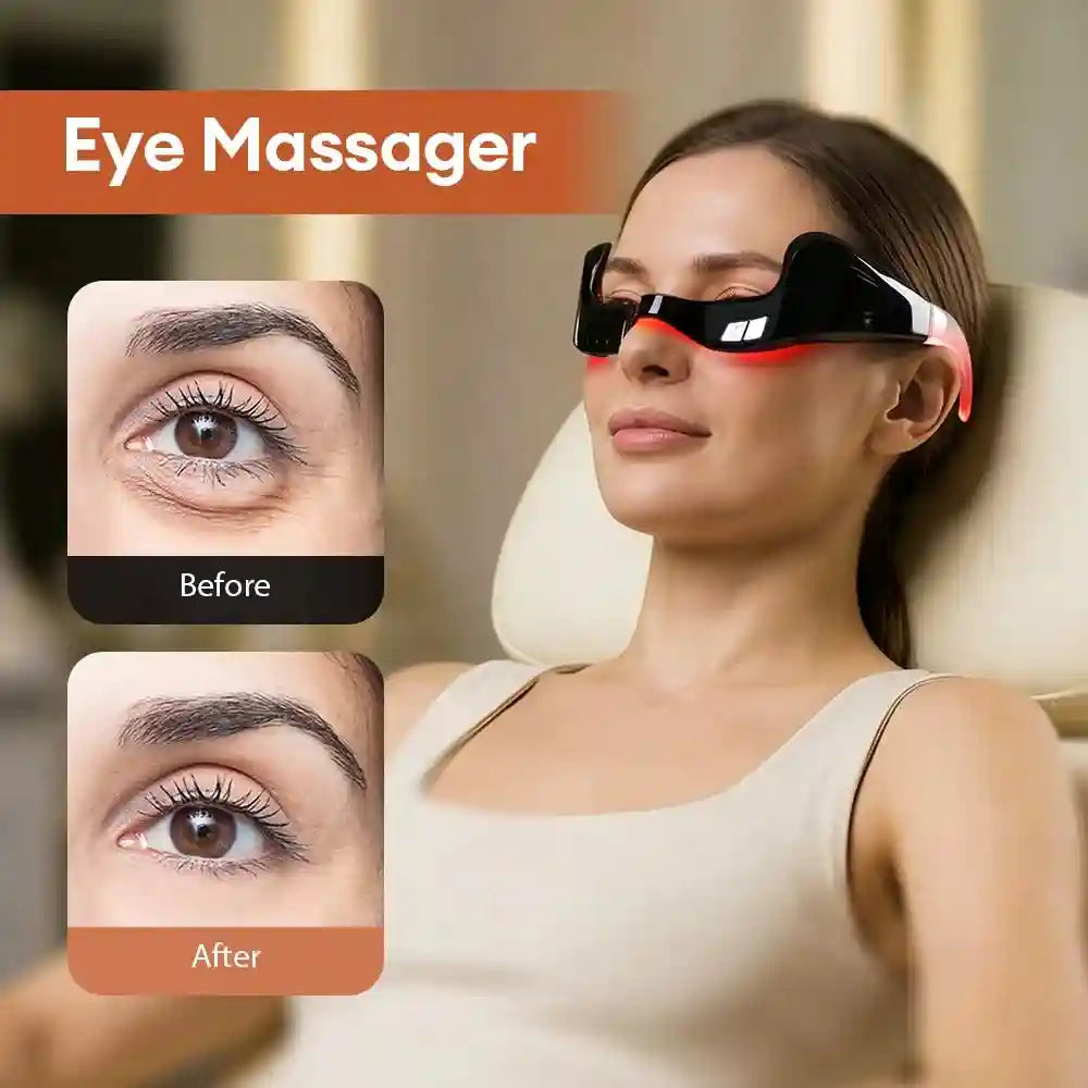 Woman wearing a black electric under-eye massager with red light therapy for eye fatigue relief and skin smoothing.