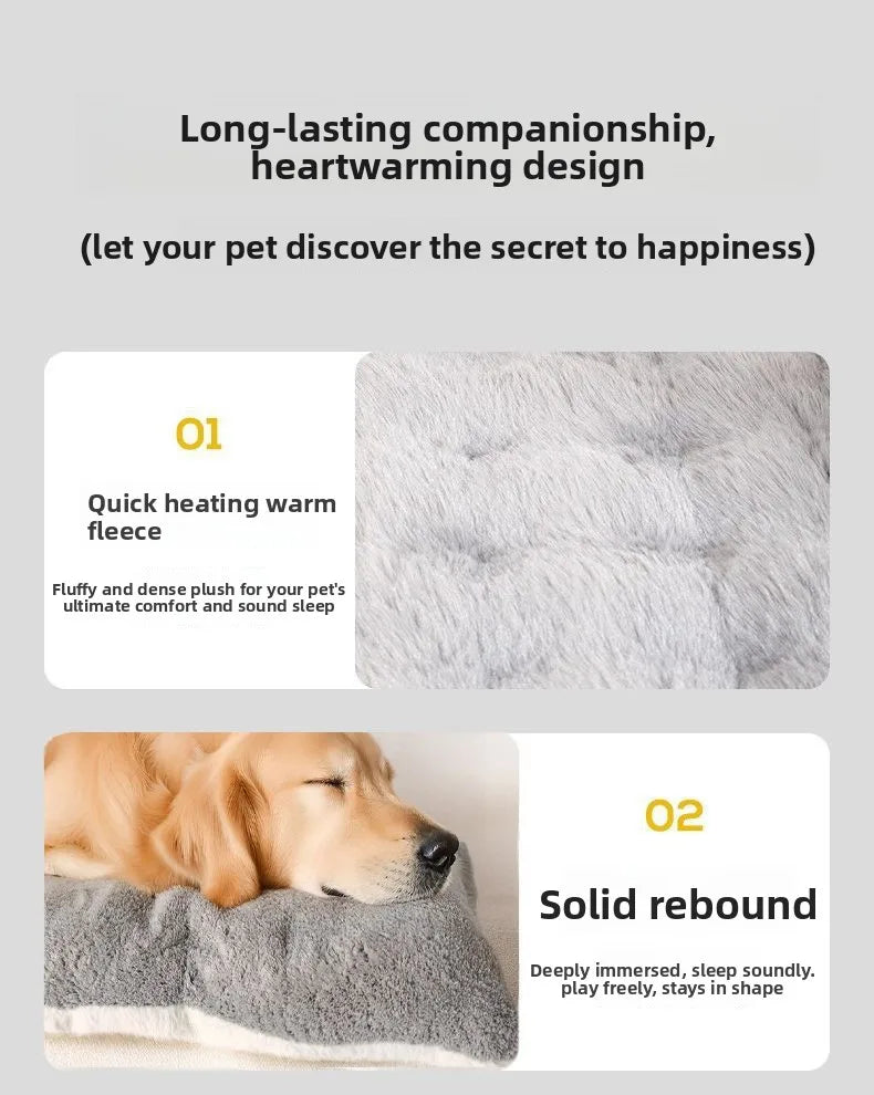 Extra large, plush, grey winter dog bed for comfort. Thick, soft, heated fleece mat for large dogs to sleep soundly.