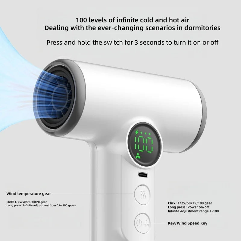 White cordless high-speed hair dryer with LED display, 100 heat/speed levels, perfect for travel and dormitories.