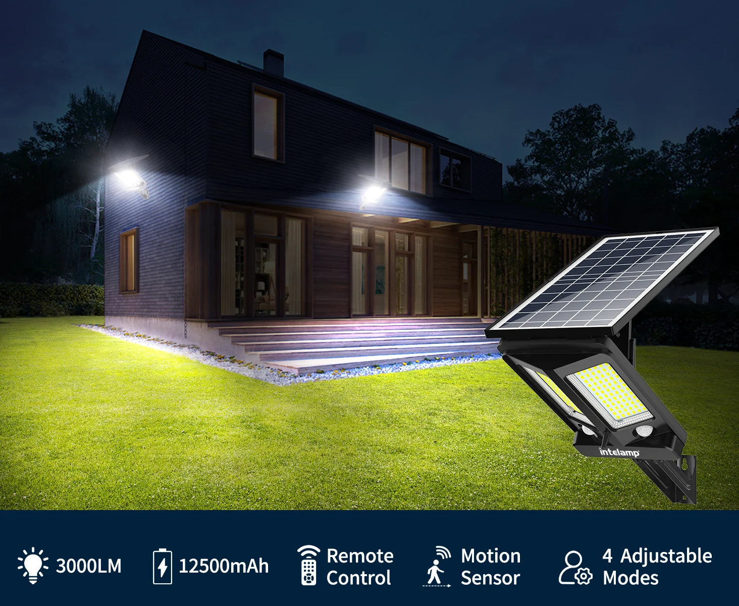 Intelamp 12500 Mah 3000 Lm Outdoor Solar Street Lights Larger Solar Panel Two Motion Sensors for Garden Courtyard Walk Garage