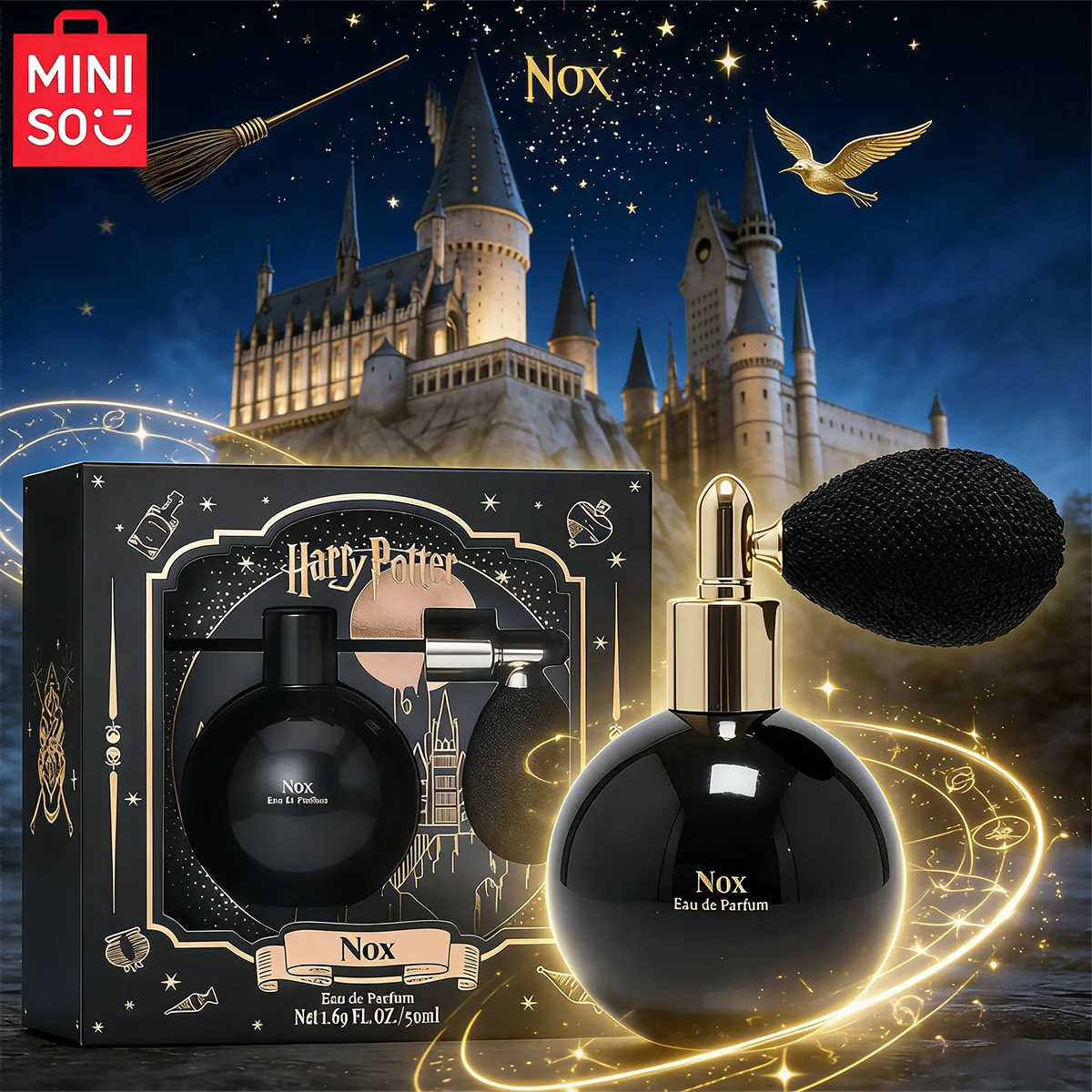 MINISO Harry Potter Nox Unisex Eau de Parfum, 50ml. Black spherical bottle with atomiser, woody floral scent gift set.