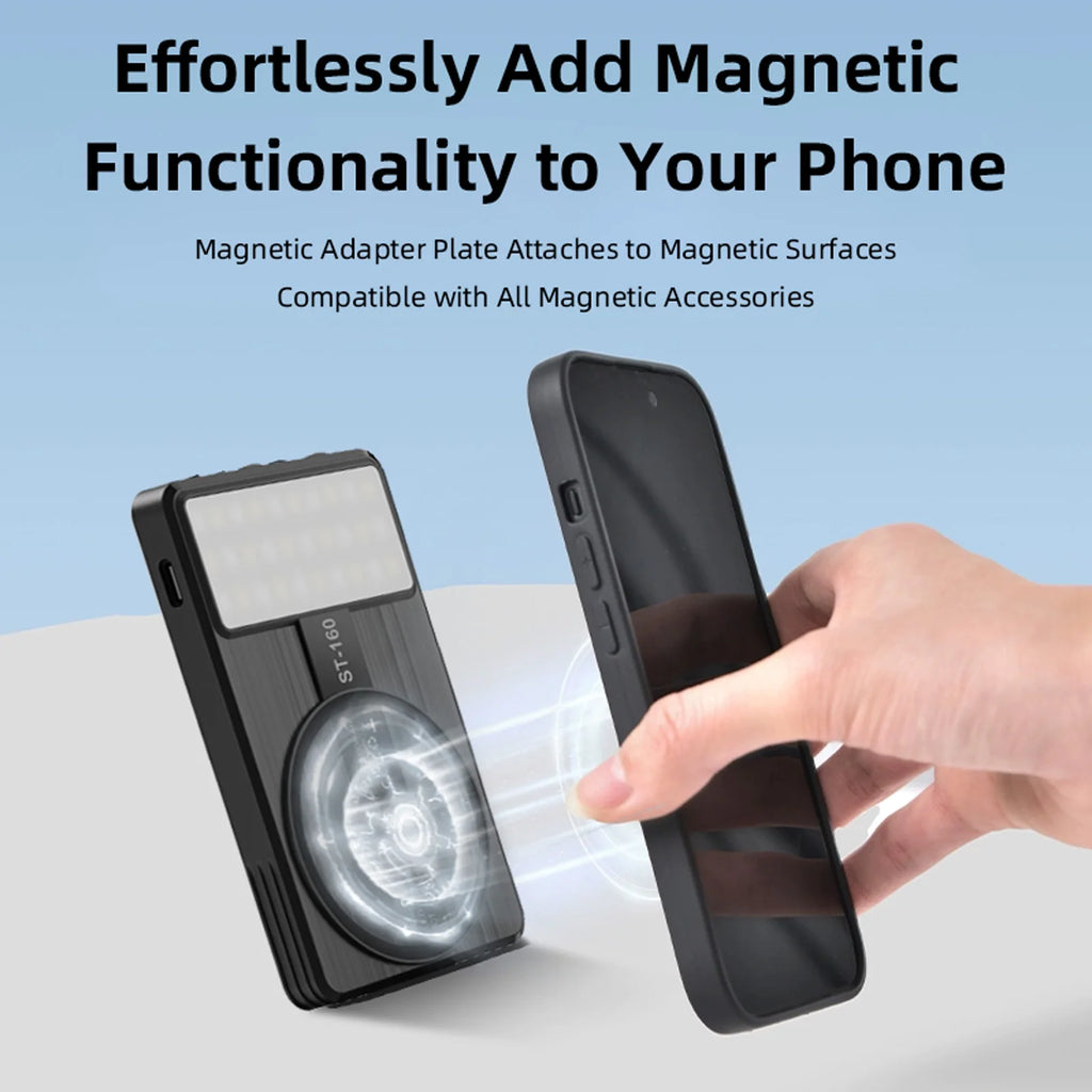 Black rectangular magnetic adapter plate with LED light, used to attach a smartphone to magnetic surfaces.