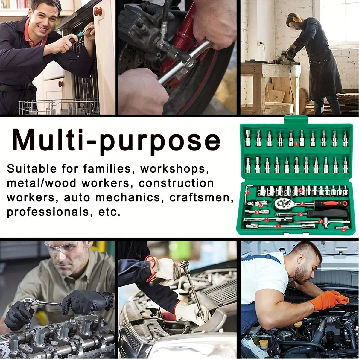 For Hous Auto Repair 46pc Drive Socket Set 1/4 inch Ratchet Wrench Set with Sockets Metric Hex Bit Socket Set Mechanic Tool Kits