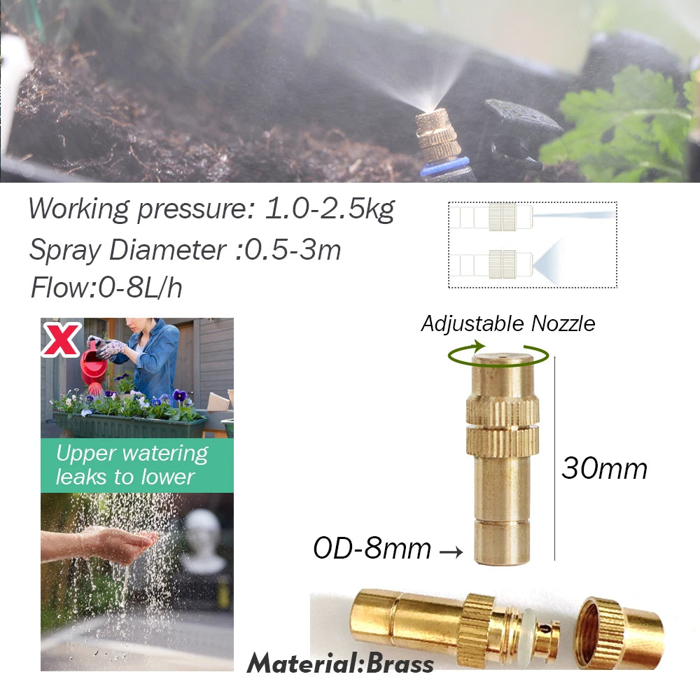 30-5M Outdoor Garden Adjustable Brass Nozzle Atomizer Kit 5/8mm Hose Nebulization Humidification Cool Watering System Lawn Spray