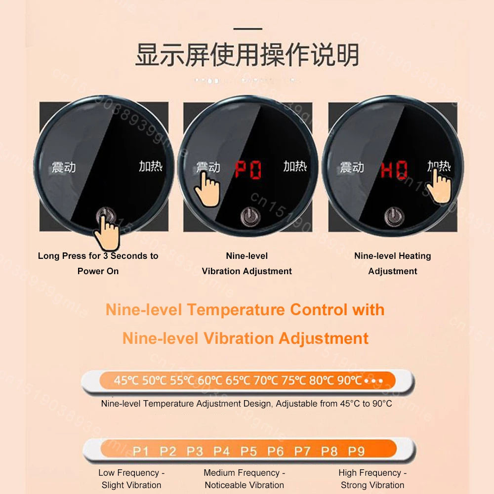 Instructional graphic for a Gua Sha massager showing display settings for nine-level vibration and temperature control.