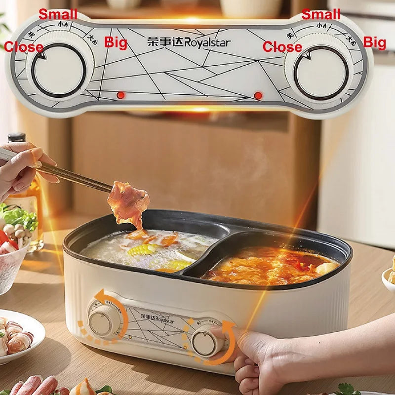 White control panel of electric hot pot with two temperature knobs and grid markings