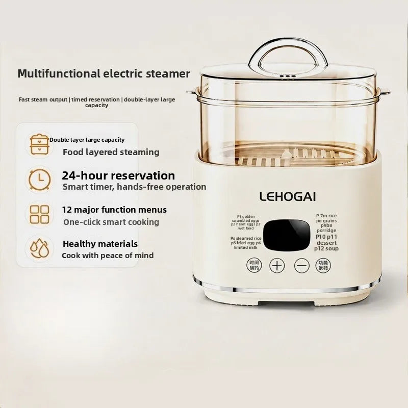 Multifunctional electric steamer with glass lid, white housing, and stainless steaming pot.