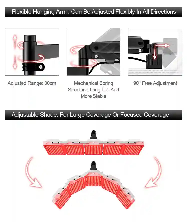 LED red light therapy device with adjustable flexible arm and folding panels for full body anti-aging skin treatment.