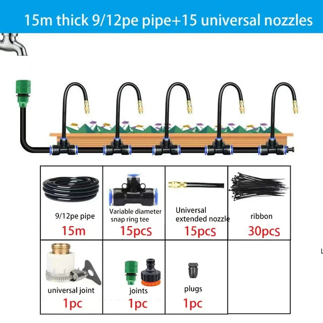 Automatic rotating sprinkler irrigation kit with black 9/12 pipe, green valve, 15 nozzles, copper tips