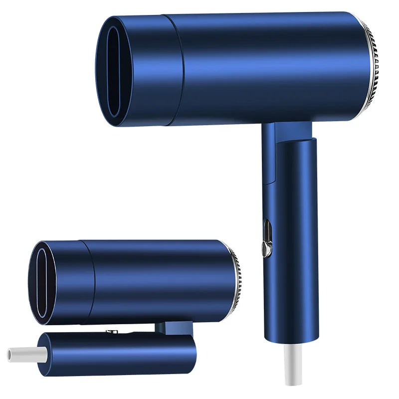 Blue foldable mini hair dryer with sleek metallic finish, concentrator nozzle, and ionic quick-drying technology.