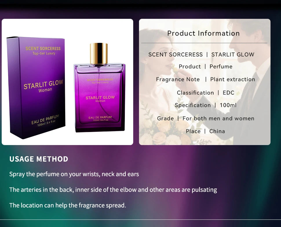 Scent Sorceress Starlit Glow unisex 100ml EDC. Purple rectangular bottle with gold cap, floral plant-based fragrance.