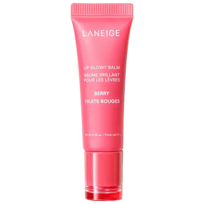 Laneige Lip Glowy Balm in Berry: pink smoothing, hydrating, and nourishing lip moisturizer in a squeeze tube.